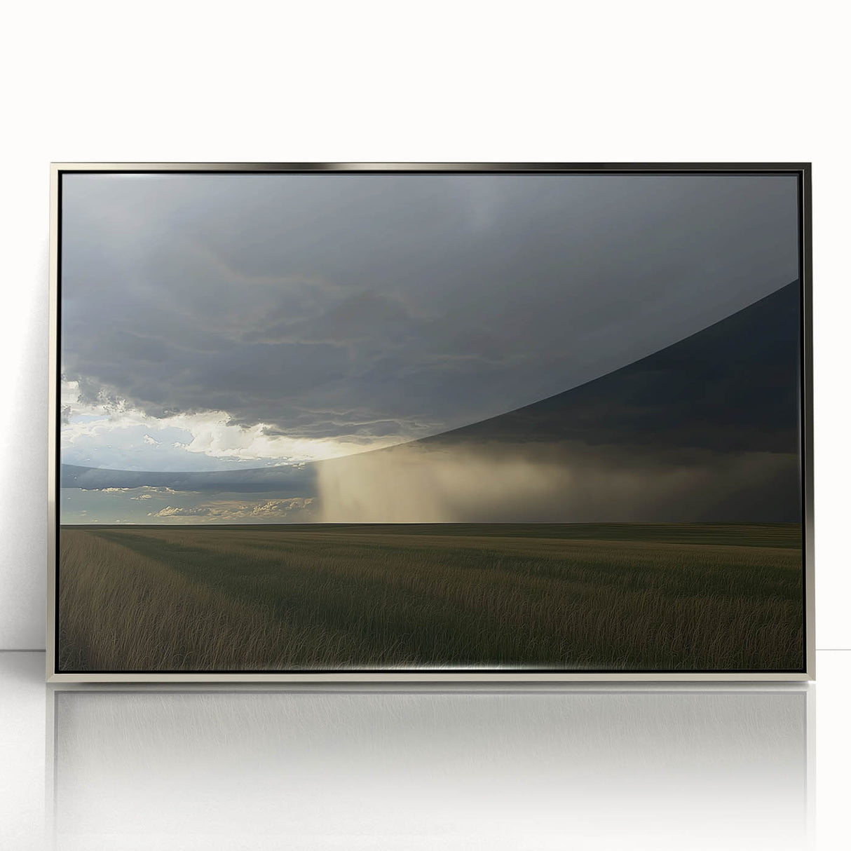 Framed acrylic artwork depicting a serene countryside landscape, featuring vibrant greens and blues, with a sleek silver frame enhancing its elegance, perfect for home decor.