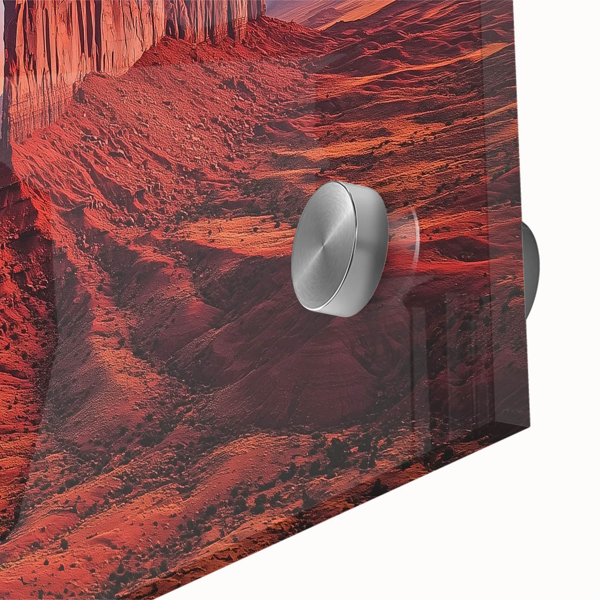 Abstract close-up of a vibrant desert landscape design in acrylic glass, showcasing warm earthy tones and intricate textures, perfect for modern home decor.