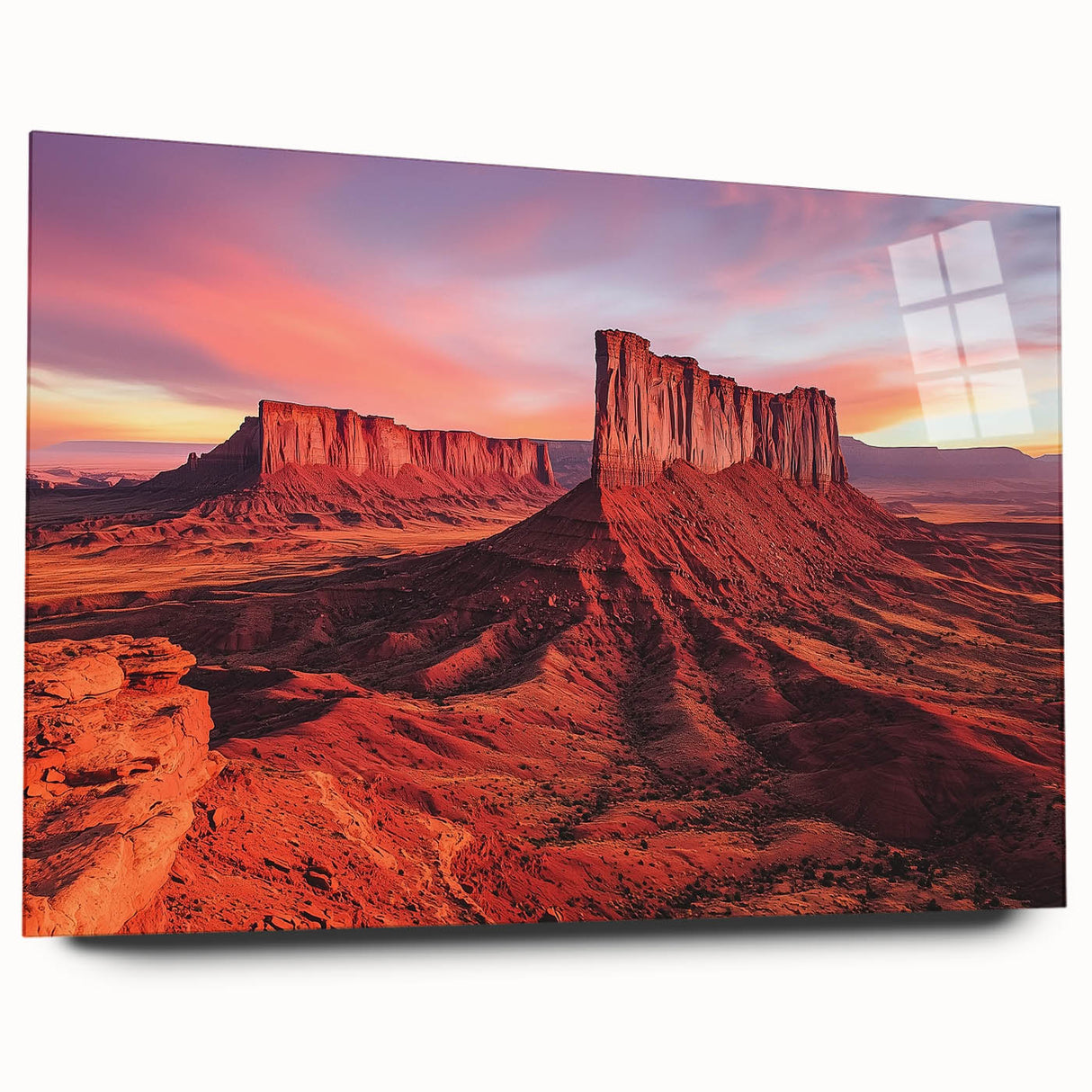 Acrylic glass artwork showcasing a stunning desert landscape in soft earth tones, viewed from the side, perfect for modern home decor. Ideal for enhancing living spaces with a serene vibe.
