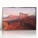 Framed acrylic artwork showcasing a stunning desert landscape with vibrant colors, featuring intricate details and a modern silver frame, perfect for home decor.