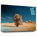 Acrylic glass landscape art showcasing vibrant green fields under a bright blue sky, viewed from the side, emphasizing clarity and depth without pins. Perfect for modern decor.