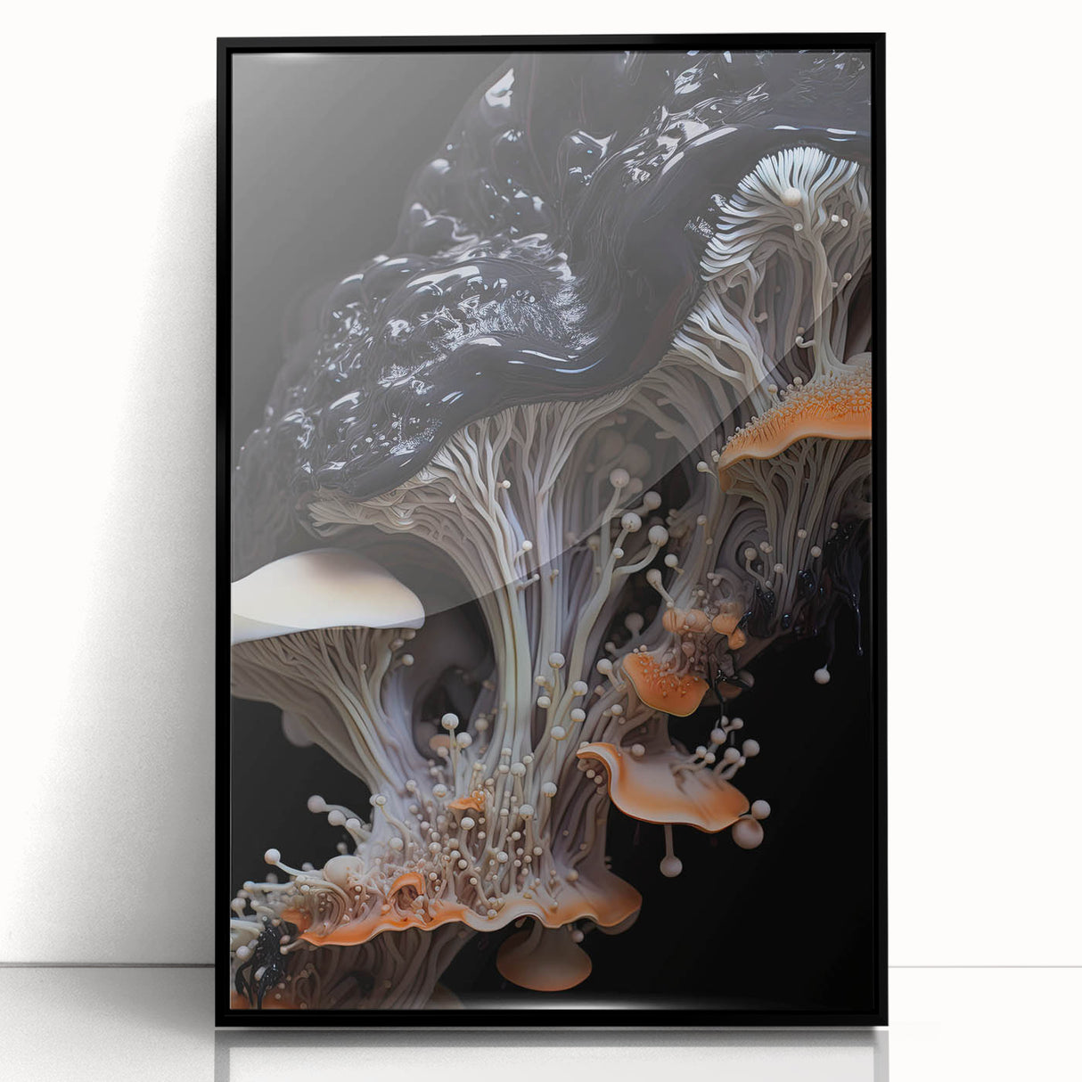 Large abstract wall art on acrylic featuring black and white geometric patterns, framed in black.