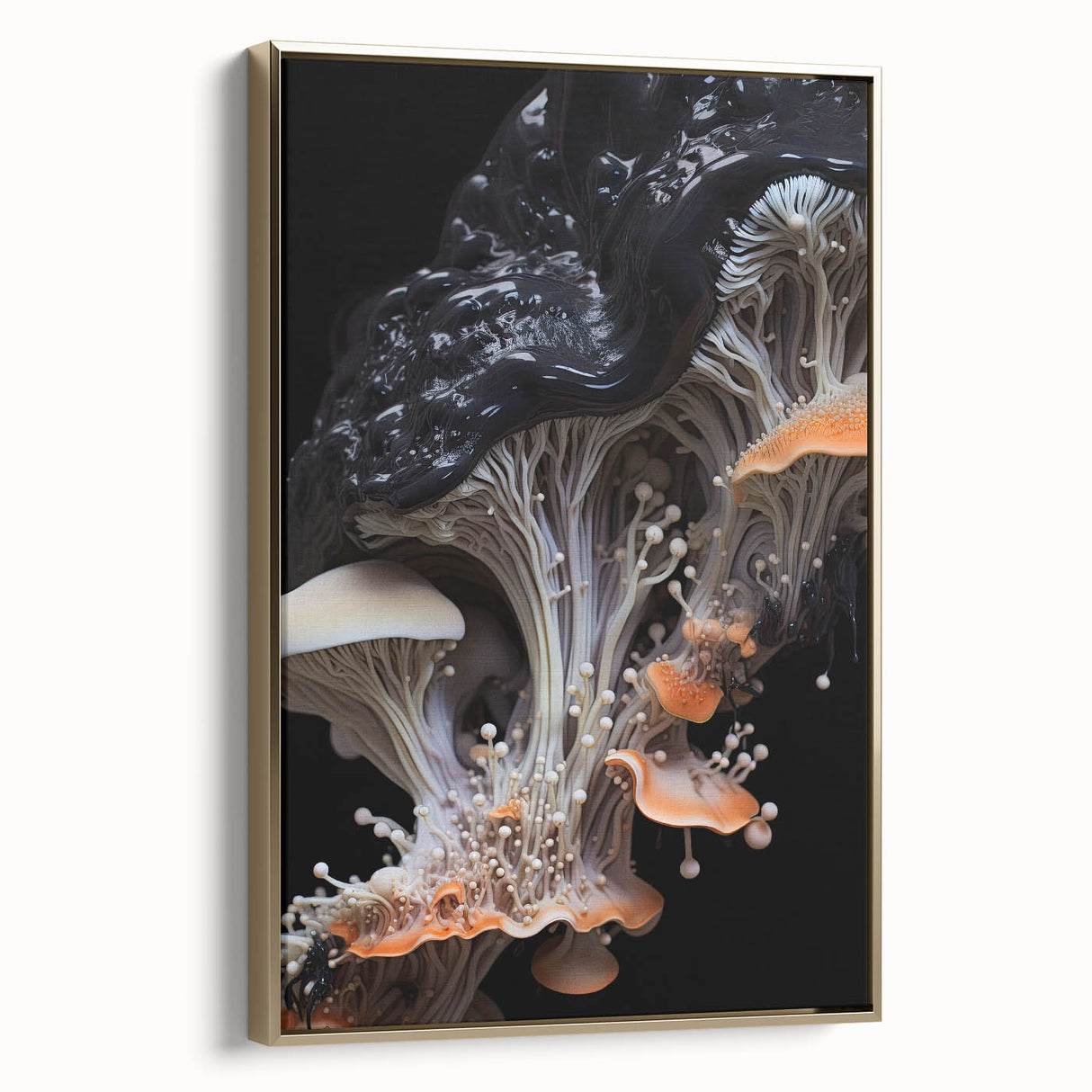 Framed canvas featuring a black and gold vintage landscape painting, ideal for bedroom wall decor.
