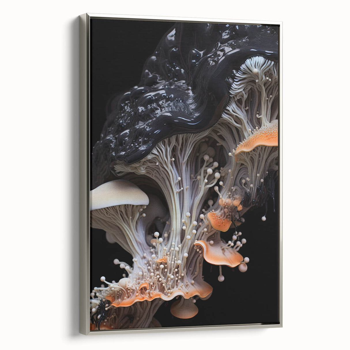 Landscape art painting on framed canvas, featuring a vintage-style black and colorful abstract design.