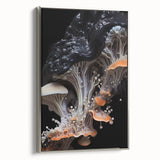 Landscape art painting on framed canvas, featuring a vintage-style black and colorful abstract design.