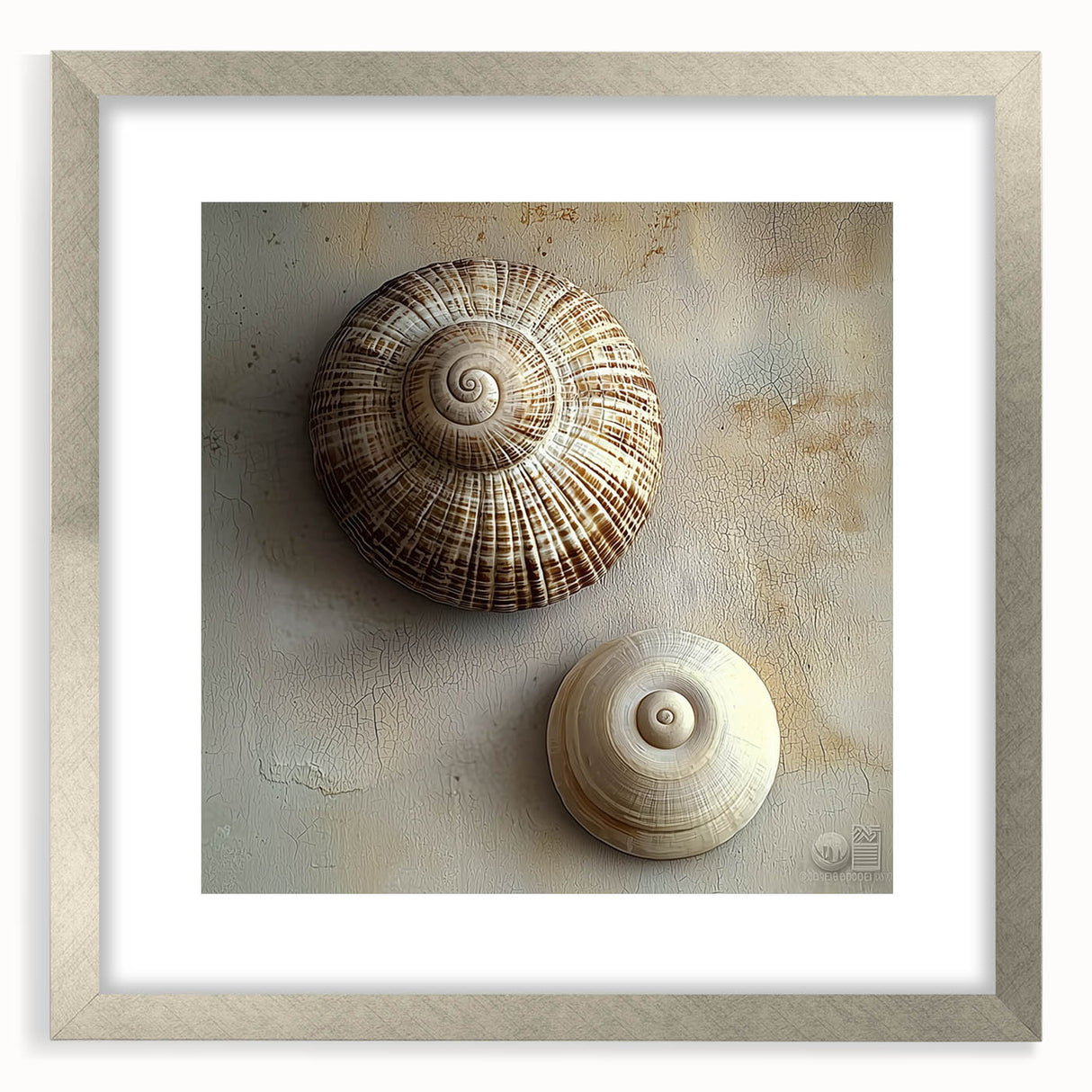 Textured art print featuring abstract nature elements in muted green and brown, framed in silver.