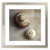 Textured art print featuring abstract nature elements in muted green and brown, framed in silver.