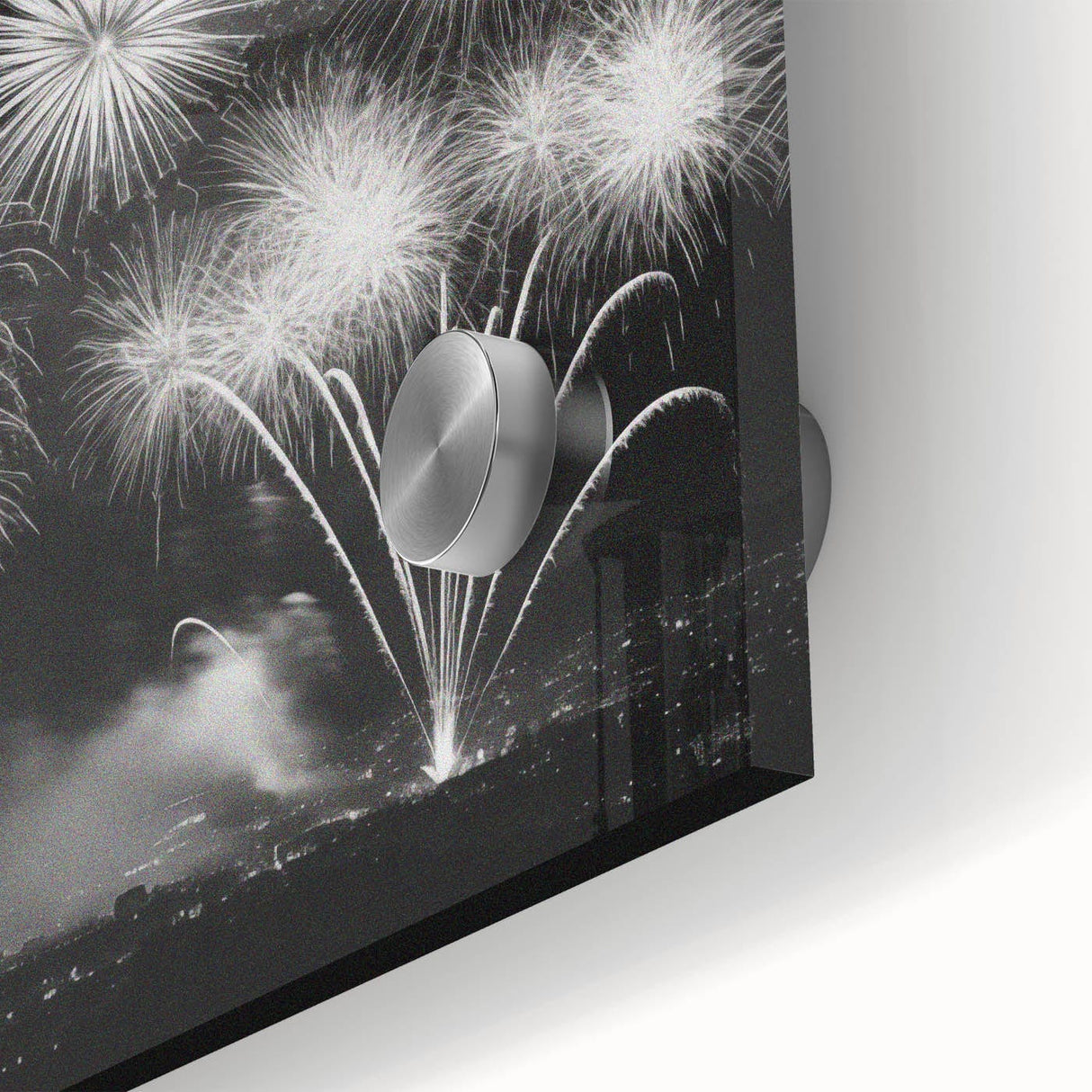 Large abstract wall art on acrylic glass featuring cool blue and gray tones in a mid-century modernist style.