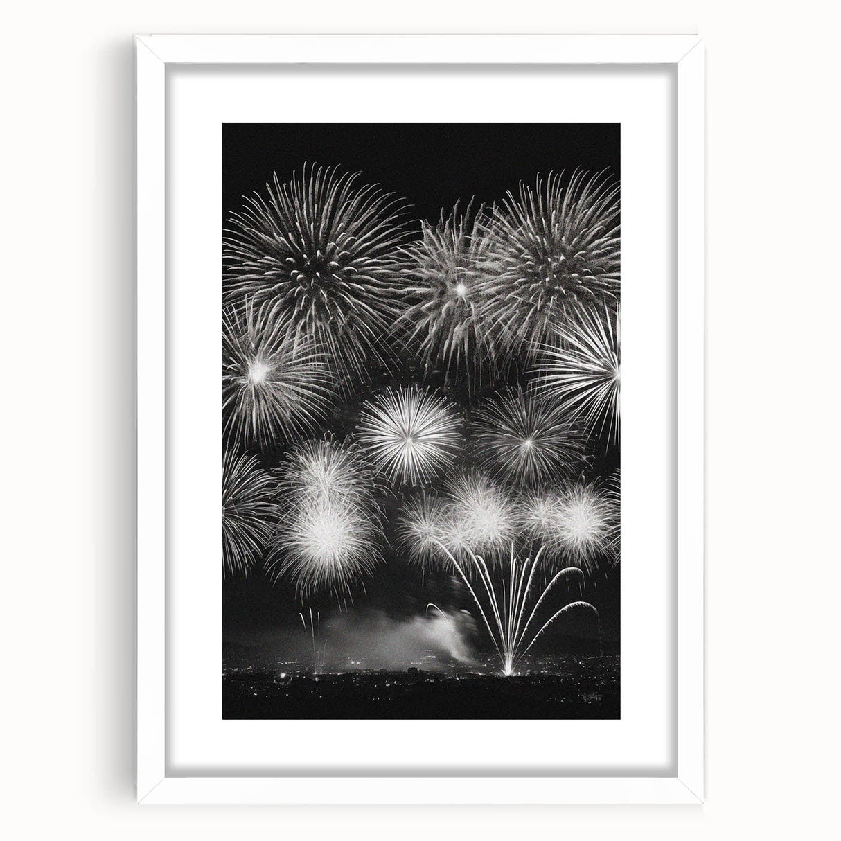 Abstract art print depicting winter scene in muted blue and white tones, framed with a white mat.