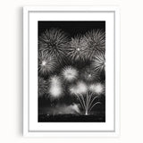 Abstract art print depicting winter scene in muted blue and white tones, framed with a white mat.