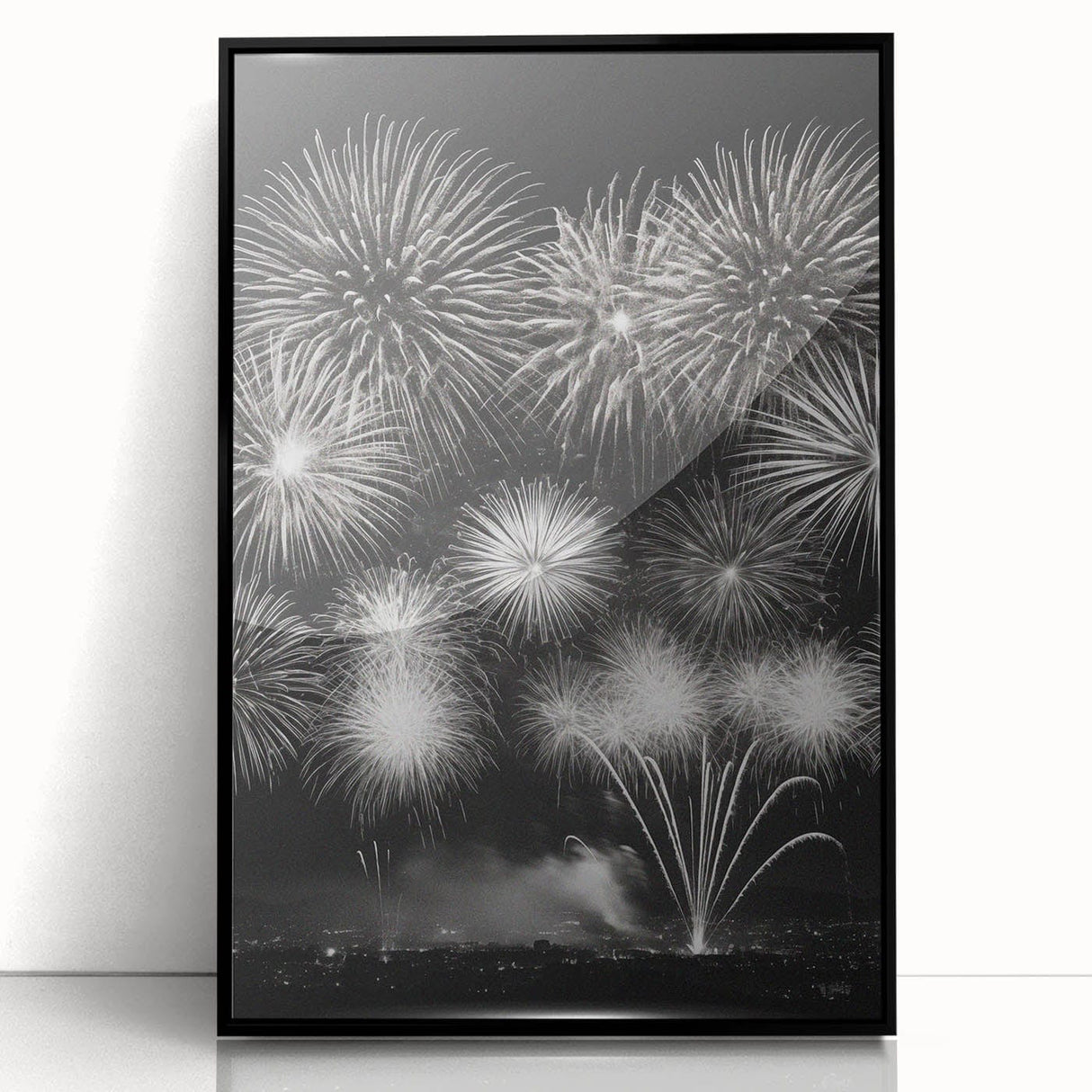 Large abstract wall art depicting a winter scene in muted blue and gray tones, framed in black acrylic.