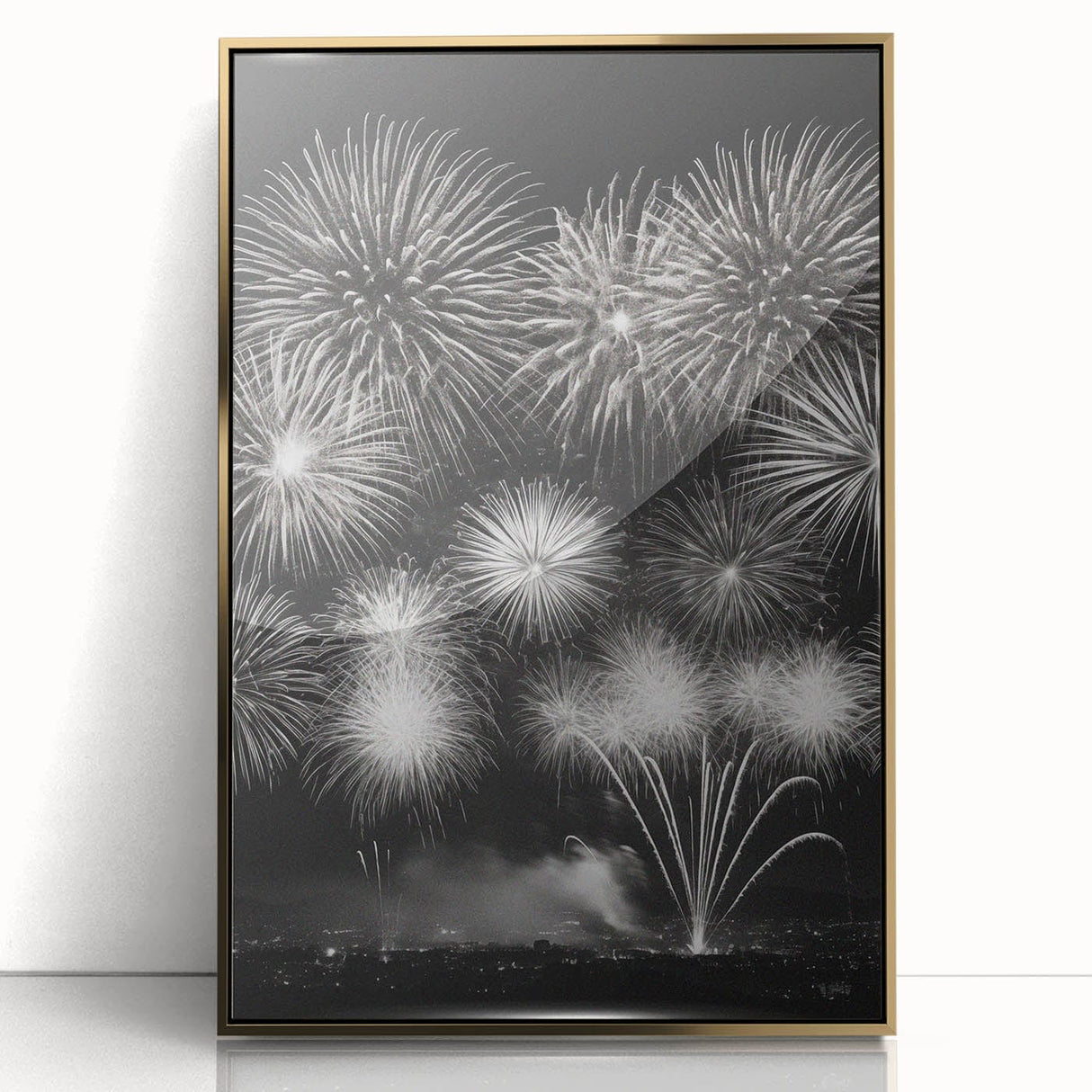 Large art print of a mid-century modernist winter scene in muted blue and gold tones, framed in acrylic.