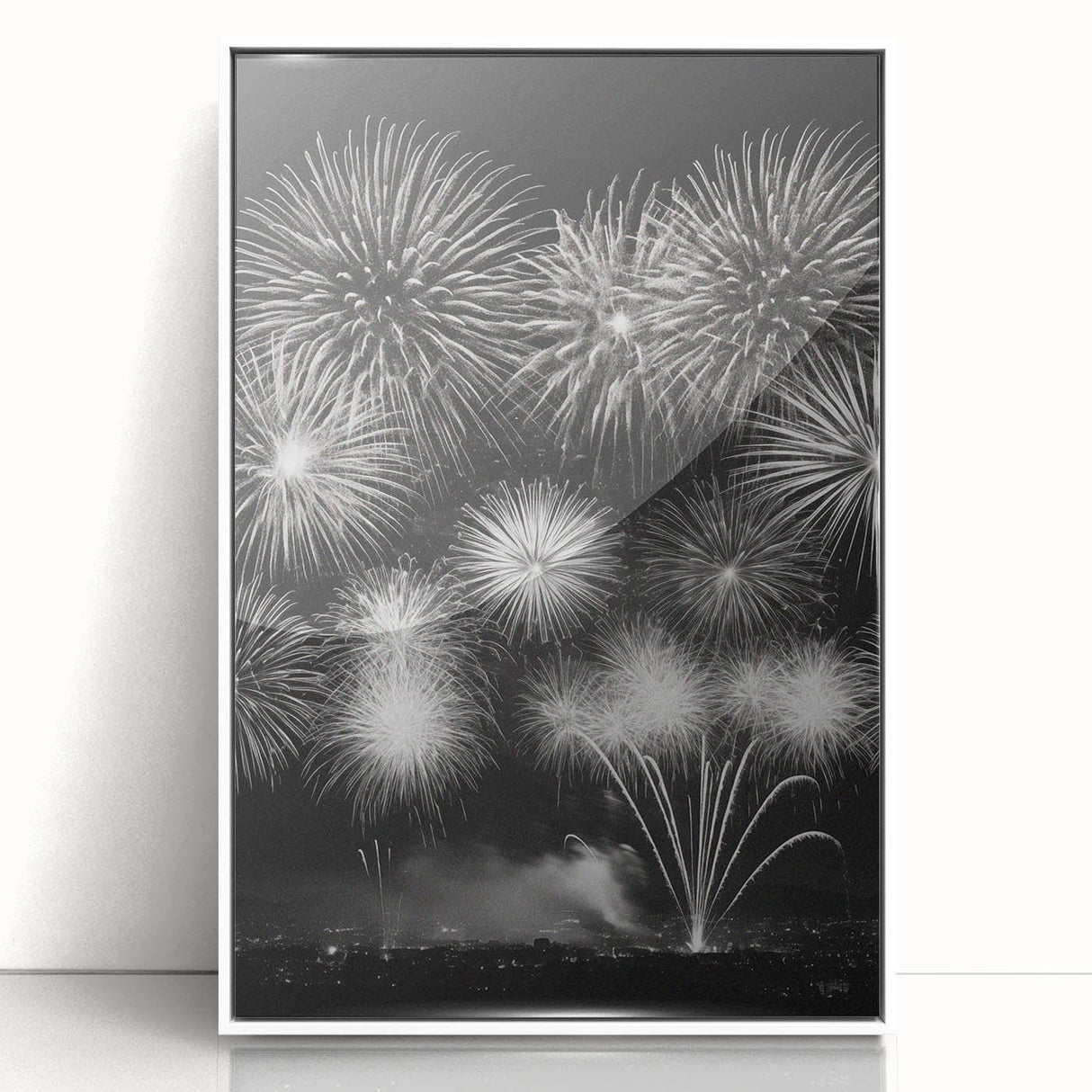 Art deco poster of a winter scene in muted blue and white tones, framed acrylic, ideal for nursery wall decor.