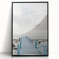 Large abstract wall art in mid-century modernist style, featuring swirling blue and green hues, framed in black acrylic.