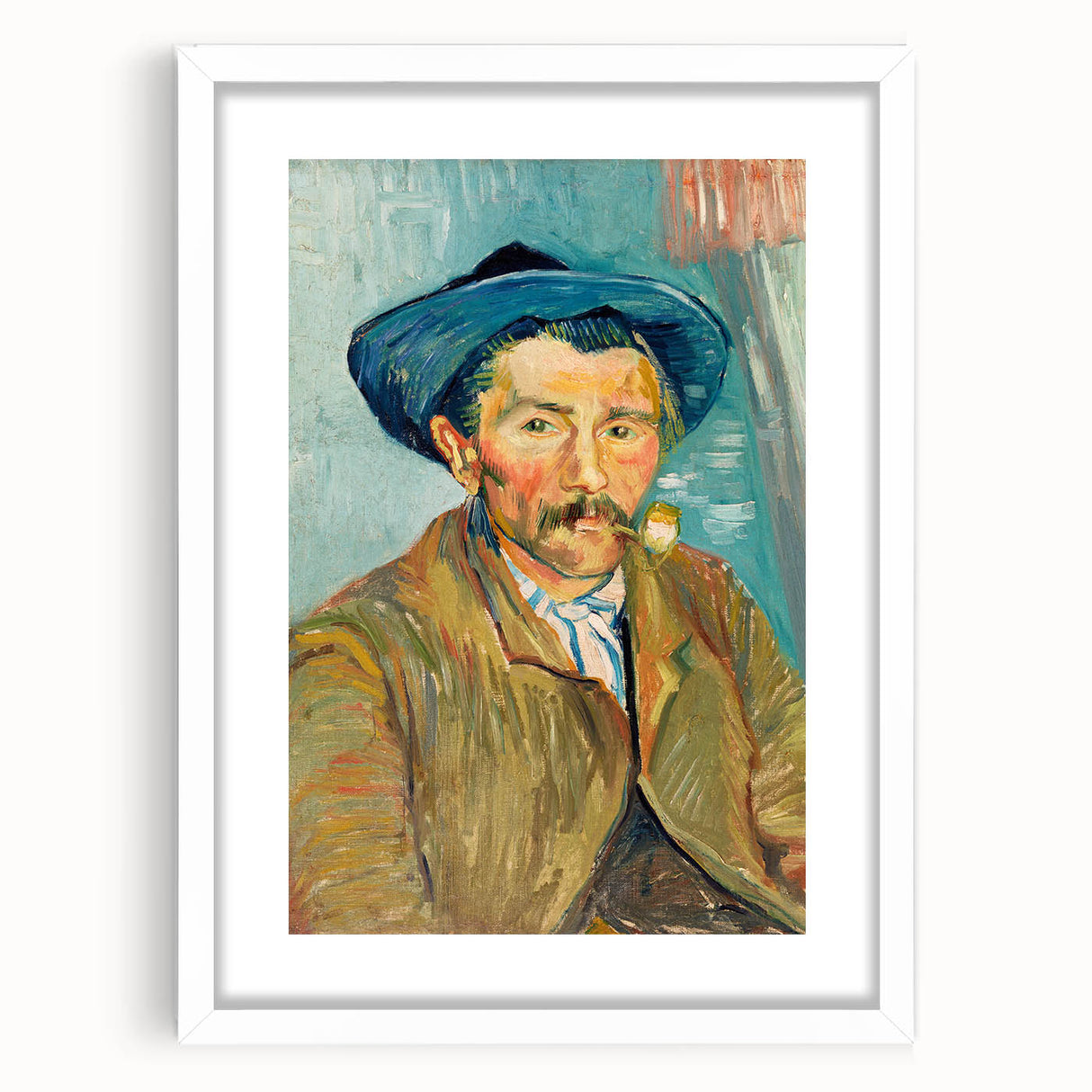 Textured abstract art print with swirls of blue and yellow on a white framed canvas, suitable for bedroom decor.
