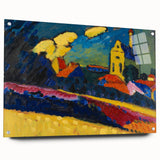 Modern Wall Art: Bold Abstract Landscape with Vibrant Colors and Church