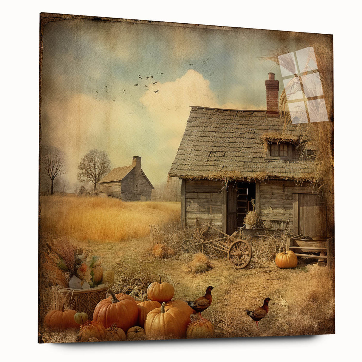 Farmhouse Style Wall Decor with Pumpkins and Barn - Country Style Art