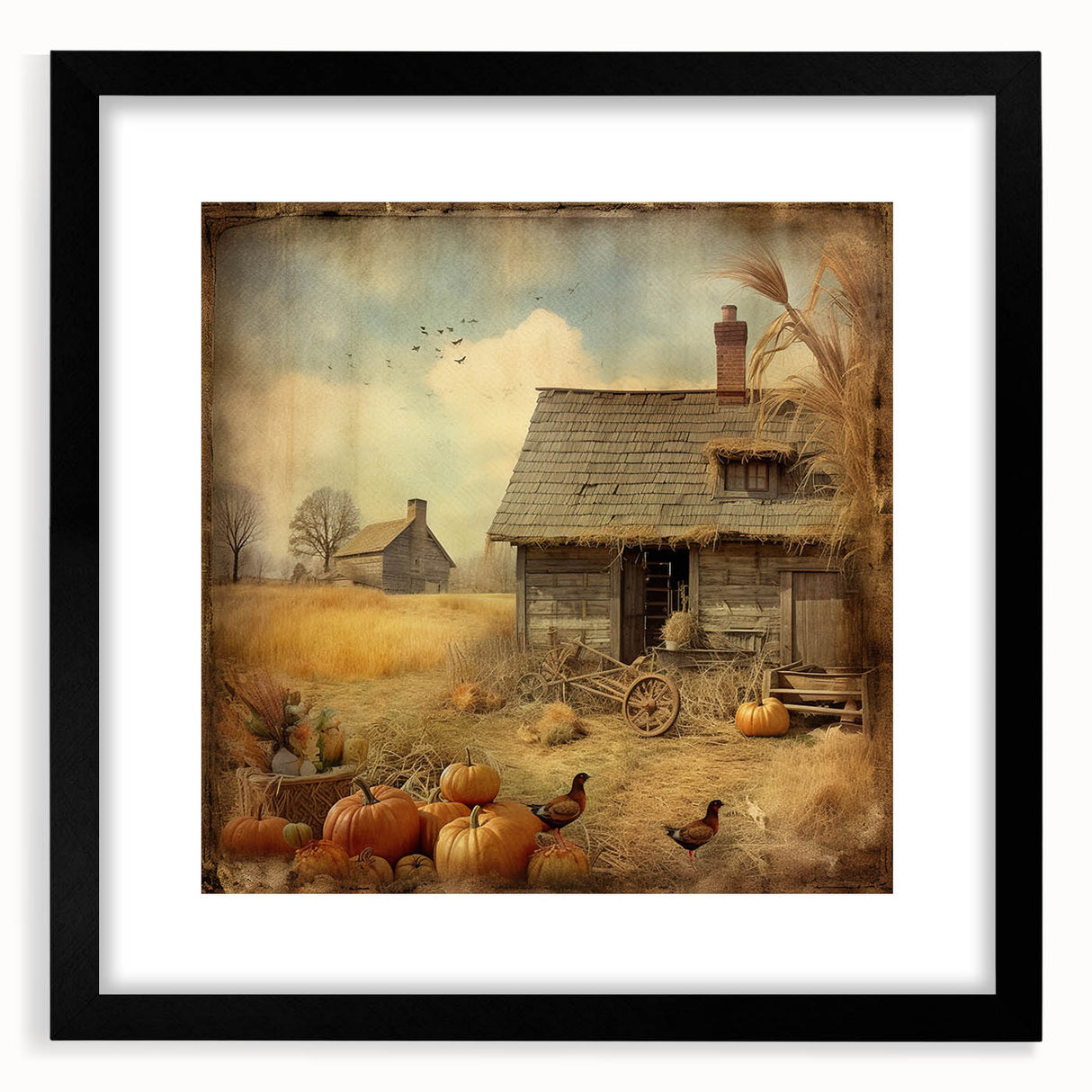 Farmhouse Style Wall Decor with Pumpkins and Barn - Country Style Art