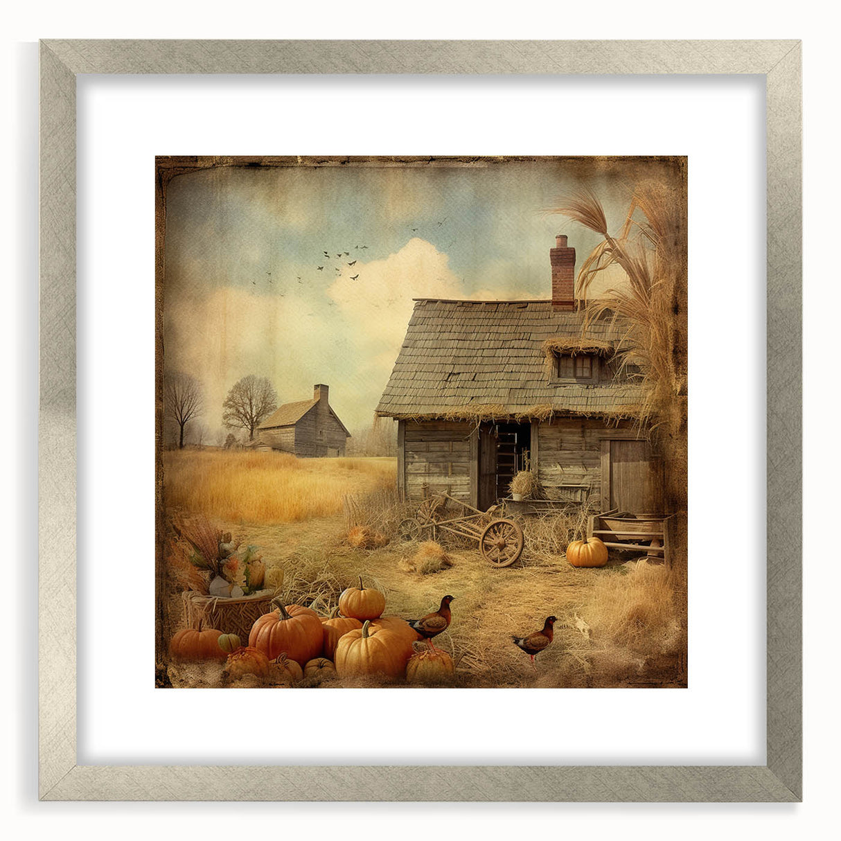 Farmhouse Style Wall Decor with Pumpkins and Barn - Country Style Art