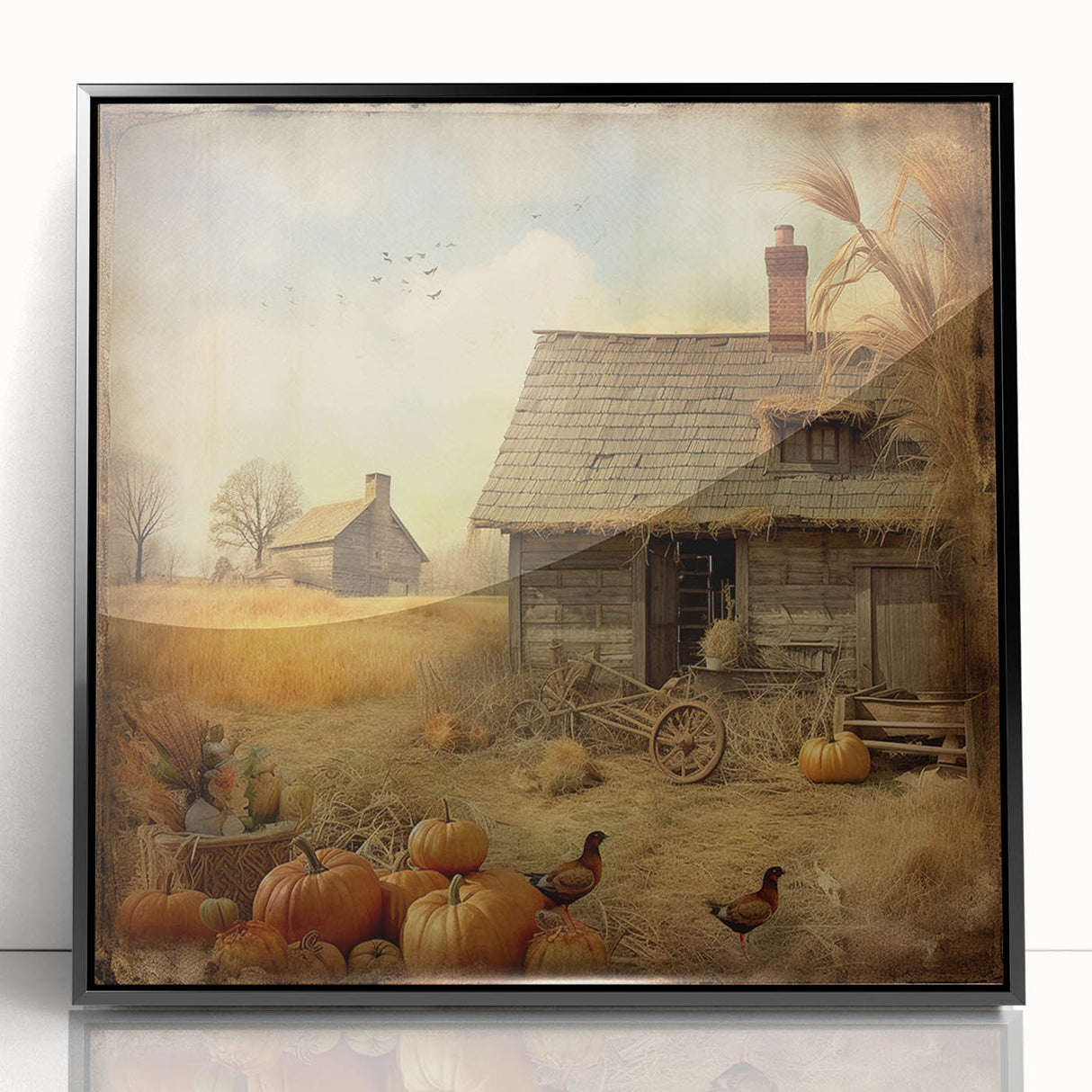 Farmhouse Style Wall Decor with Pumpkins and Barn - Country Style Art