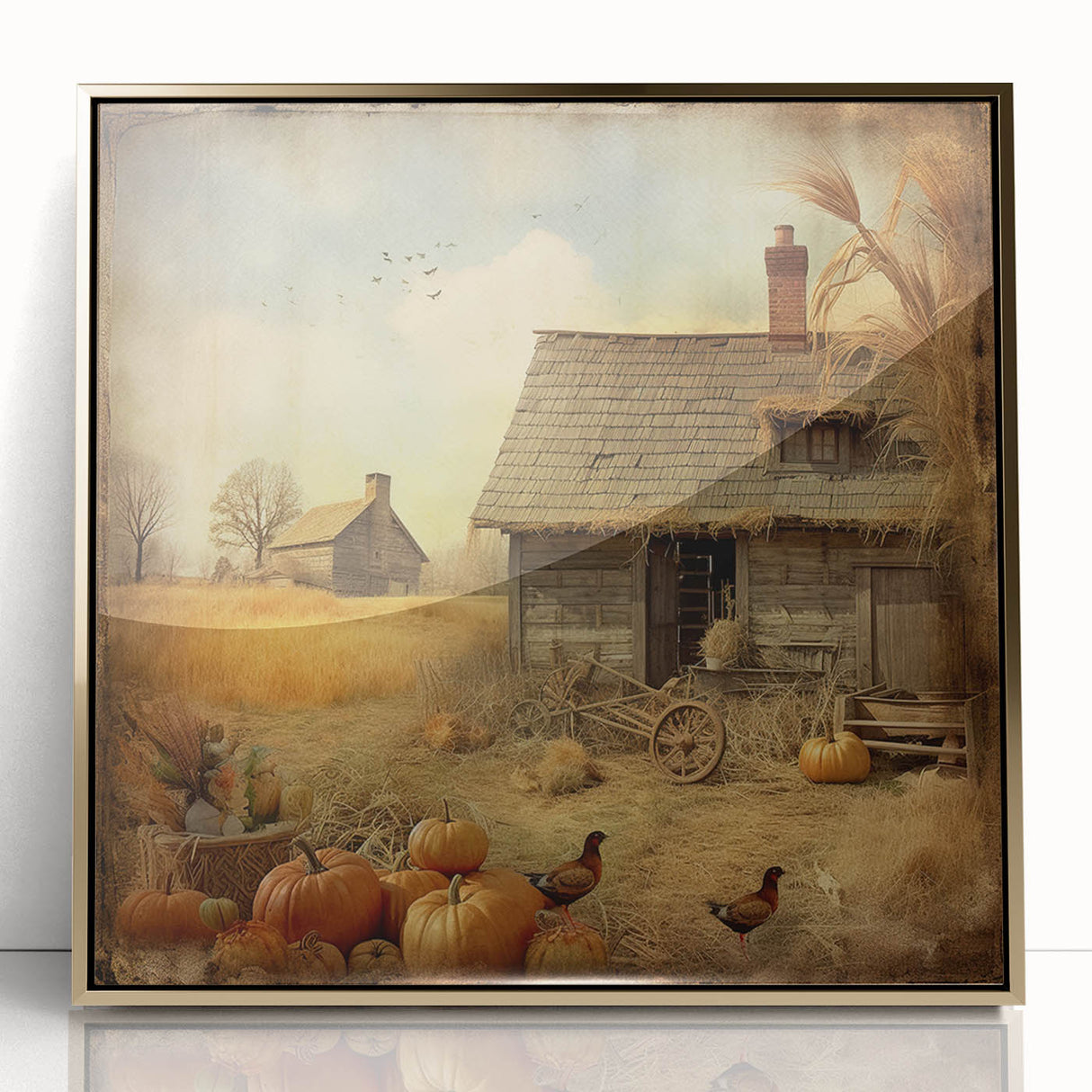 Farmhouse Style Wall Decor with Pumpkins and Barn - Country Style Art