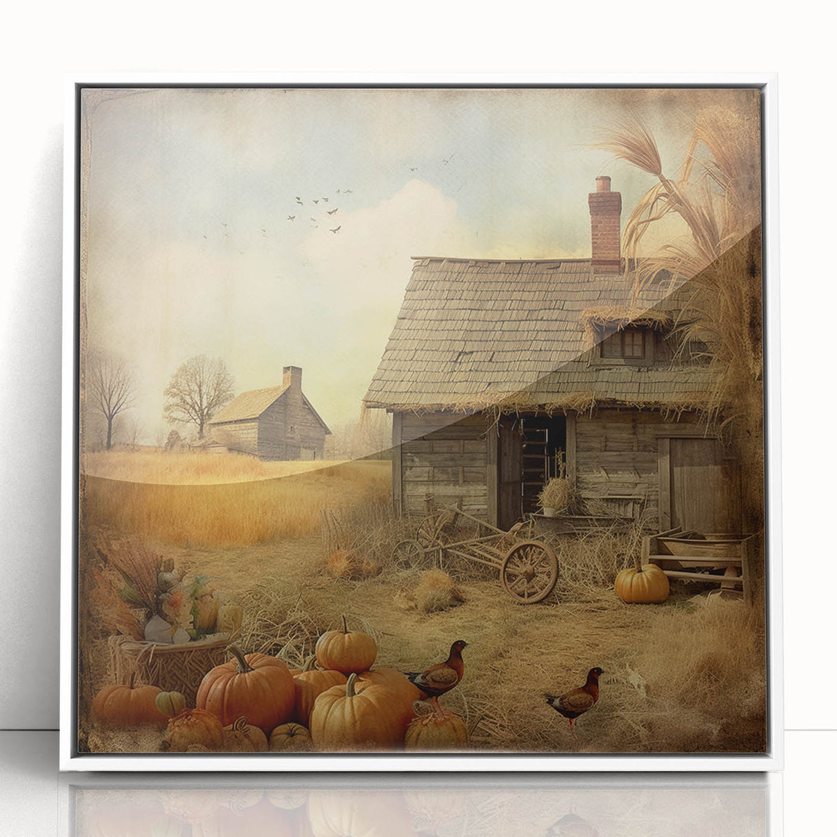 Farmhouse Style Wall Decor with Pumpkins and Barn - Country Style Art