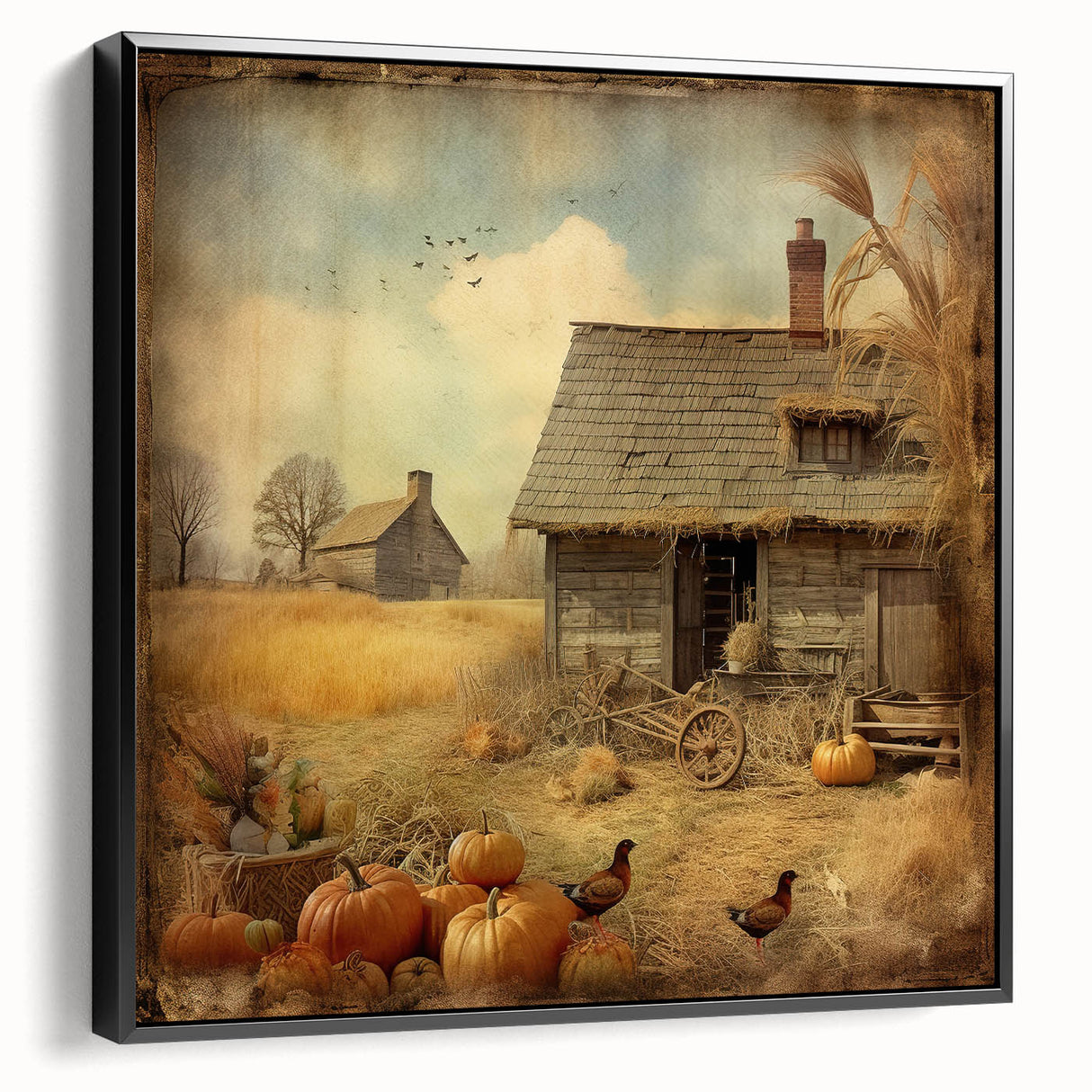Farmhouse Style Wall Decor with Pumpkins and Barn - Country Style Art