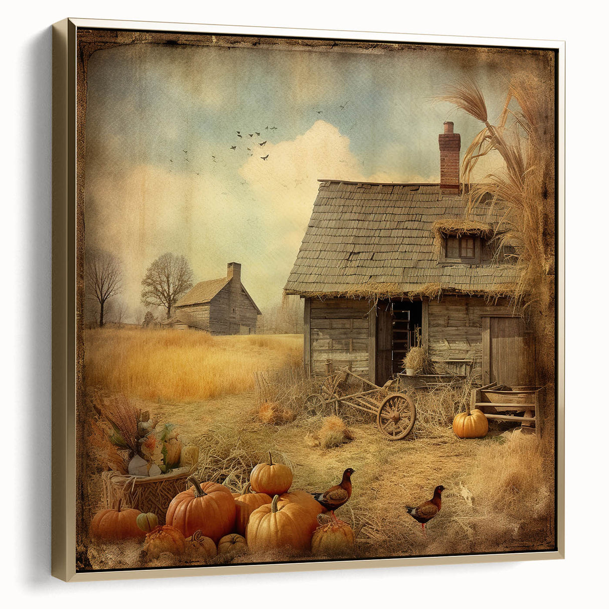 Farmhouse Style Wall Decor with Pumpkins and Barn - Country Style Art