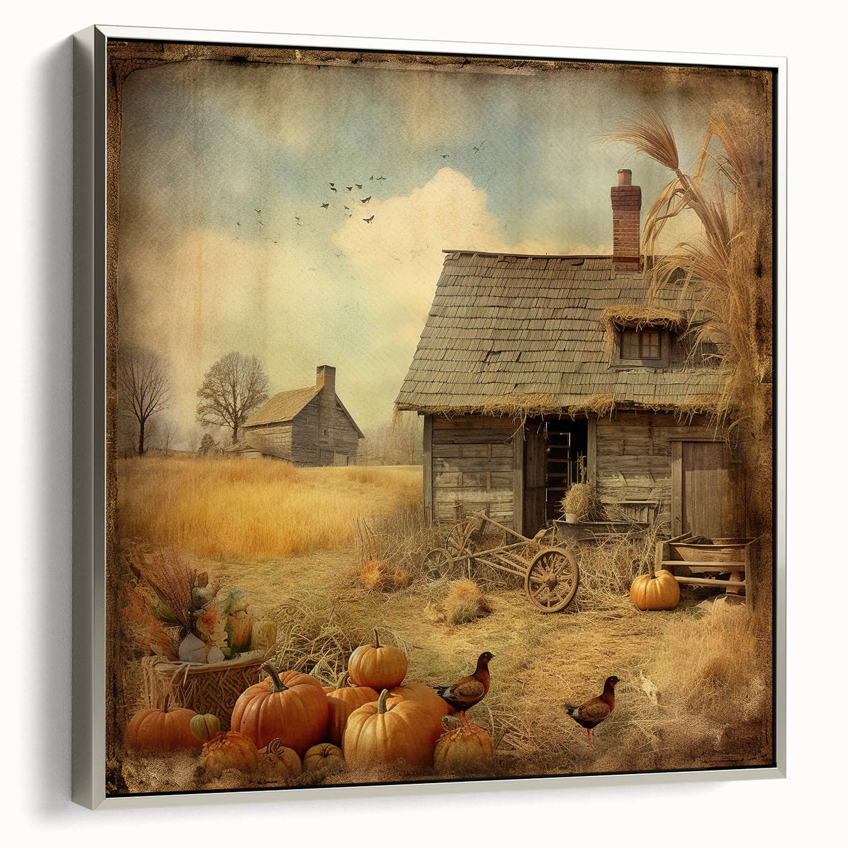 Farmhouse Style Wall Decor with Pumpkins and Barn - Country Style Art
