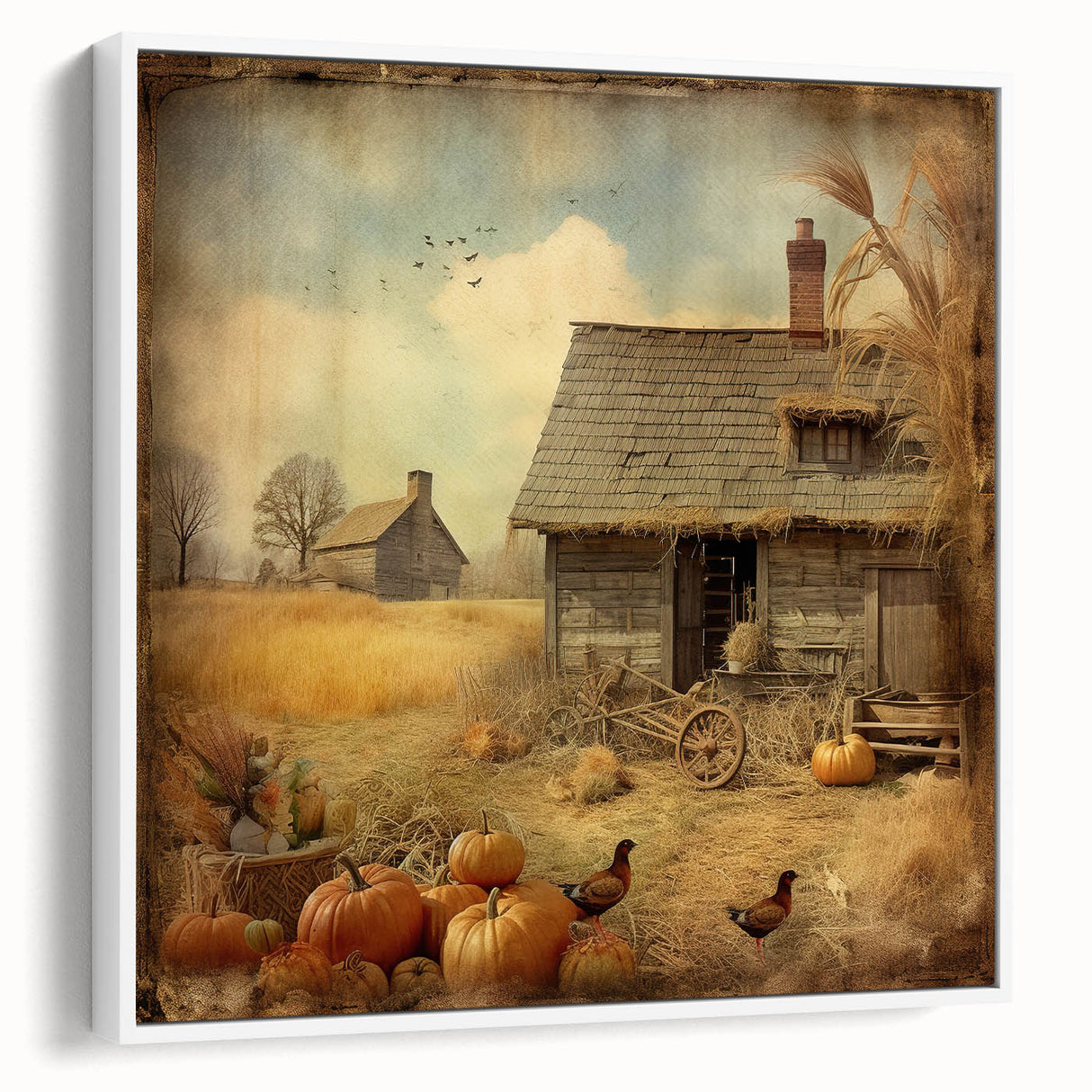 Farmhouse Style Wall Decor with Pumpkins and Barn - Country Style Art
