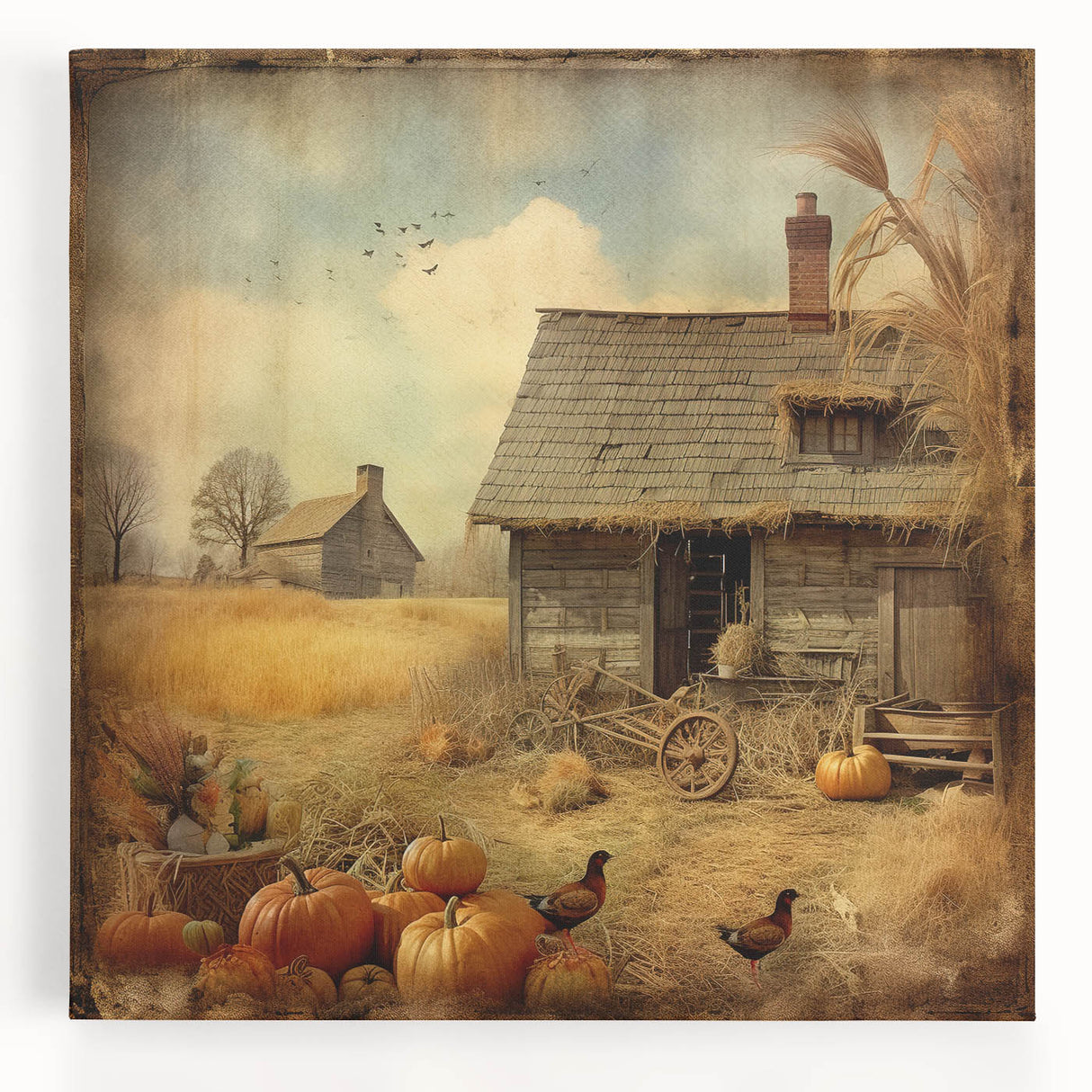 Farmhouse Style Wall Decor with Pumpkins and Barn - Country Style Art