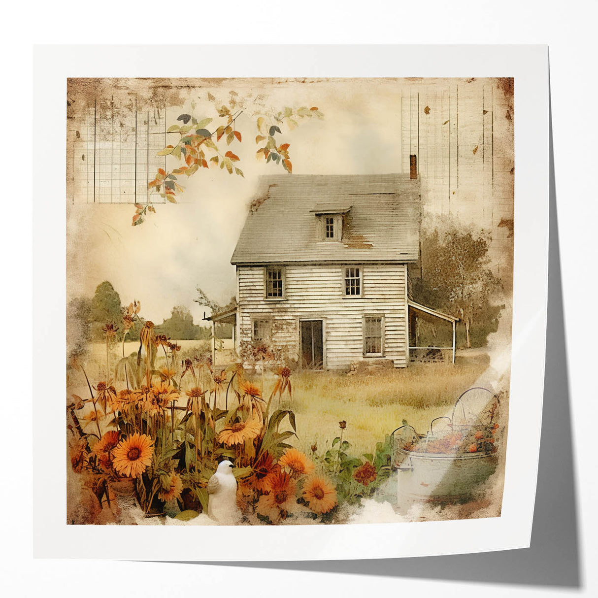 Vintage Farmhouse Prints with Sunflowers and Cottage - Rustic Wall Art