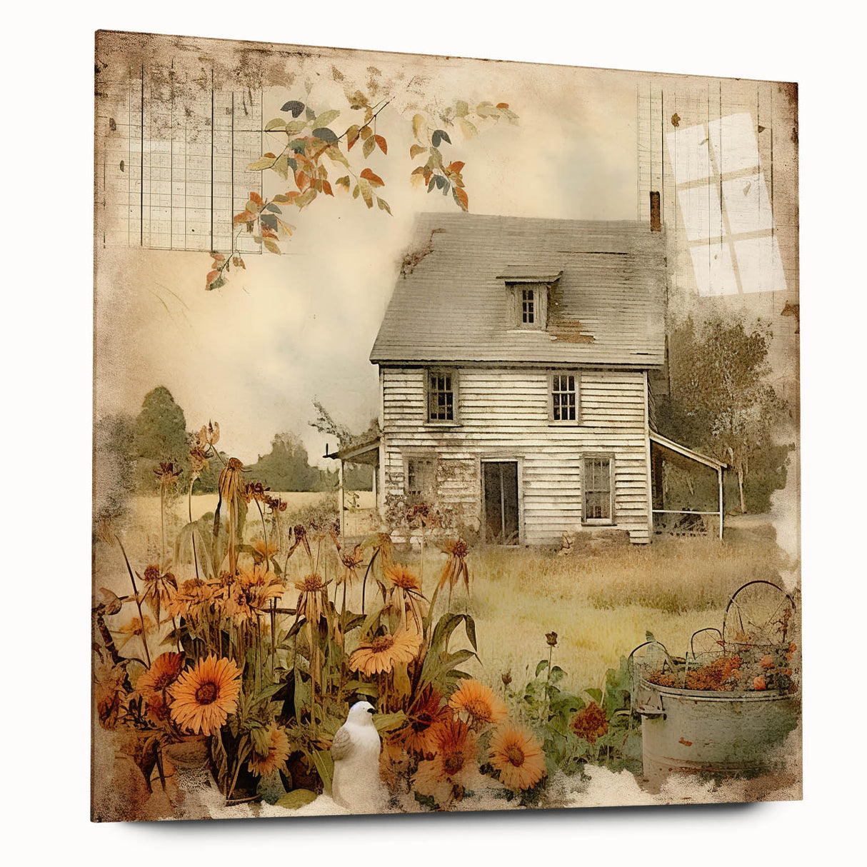 Vintage Farmhouse Prints with Sunflowers and Cottage - Rustic Wall Art