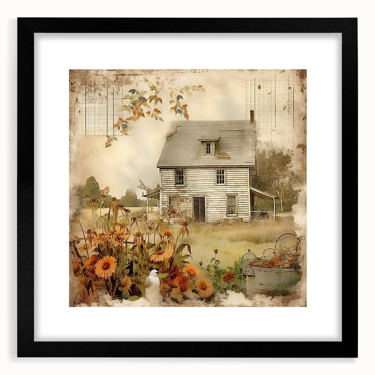 Vintage Farmhouse Prints with Sunflowers and Cottage - Rustic Wall Art