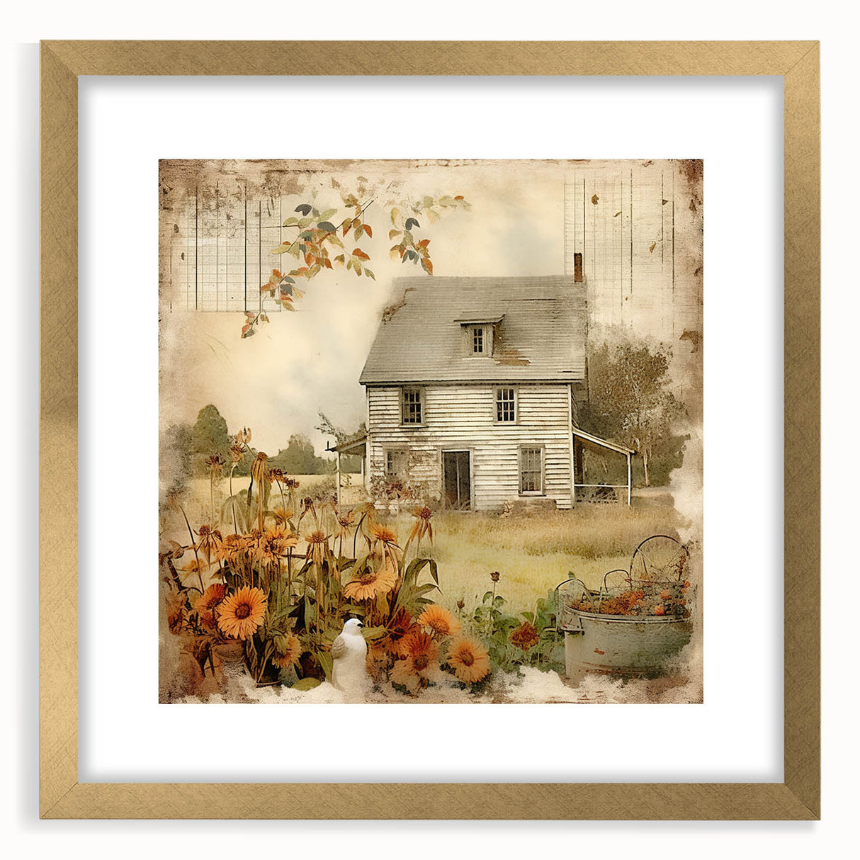 Vintage Farmhouse Prints with Sunflowers and Cottage - Rustic Wall Art