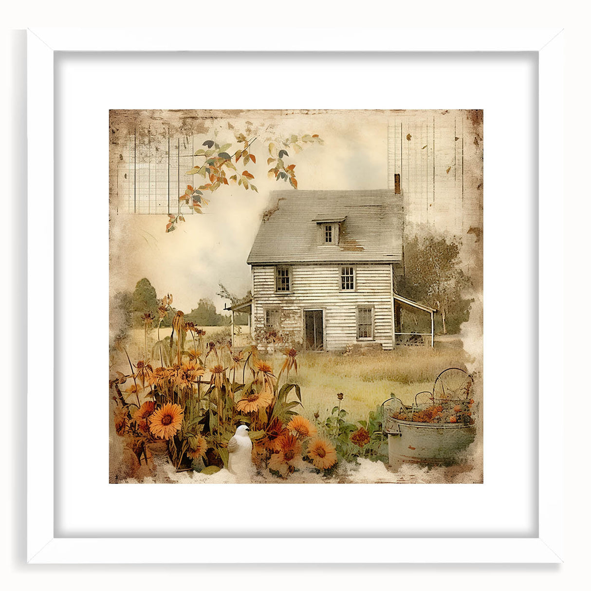 Vintage Farmhouse Prints with Sunflowers and Cottage - Rustic Wall Art