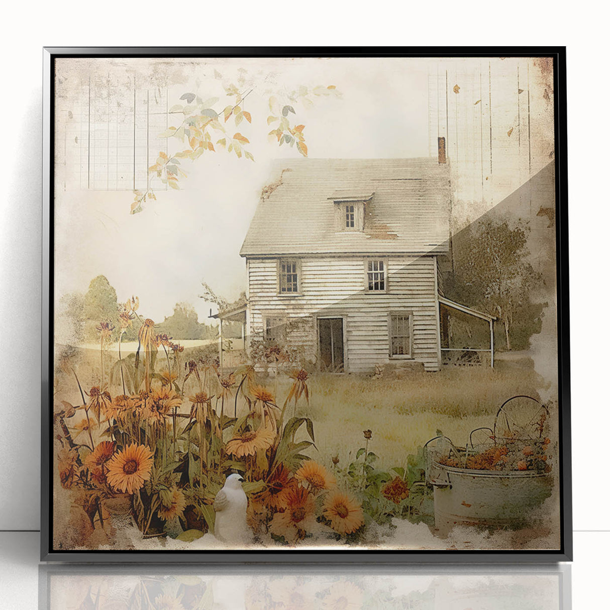 Vintage Farmhouse Prints with Sunflowers and Cottage - Rustic Wall Art