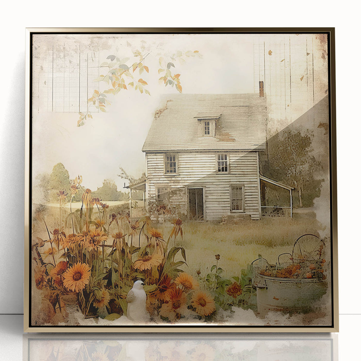 Vintage Farmhouse Prints with Sunflowers and Cottage - Rustic Wall Art