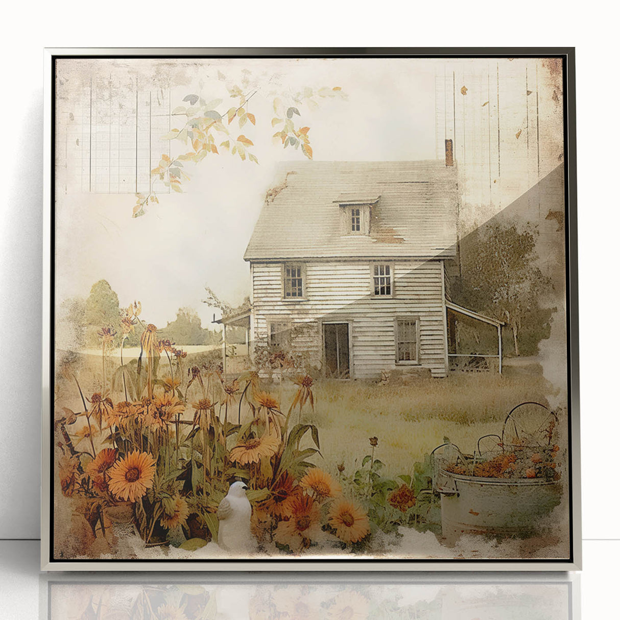 Vintage Farmhouse Prints with Sunflowers and Cottage - Rustic Wall Art