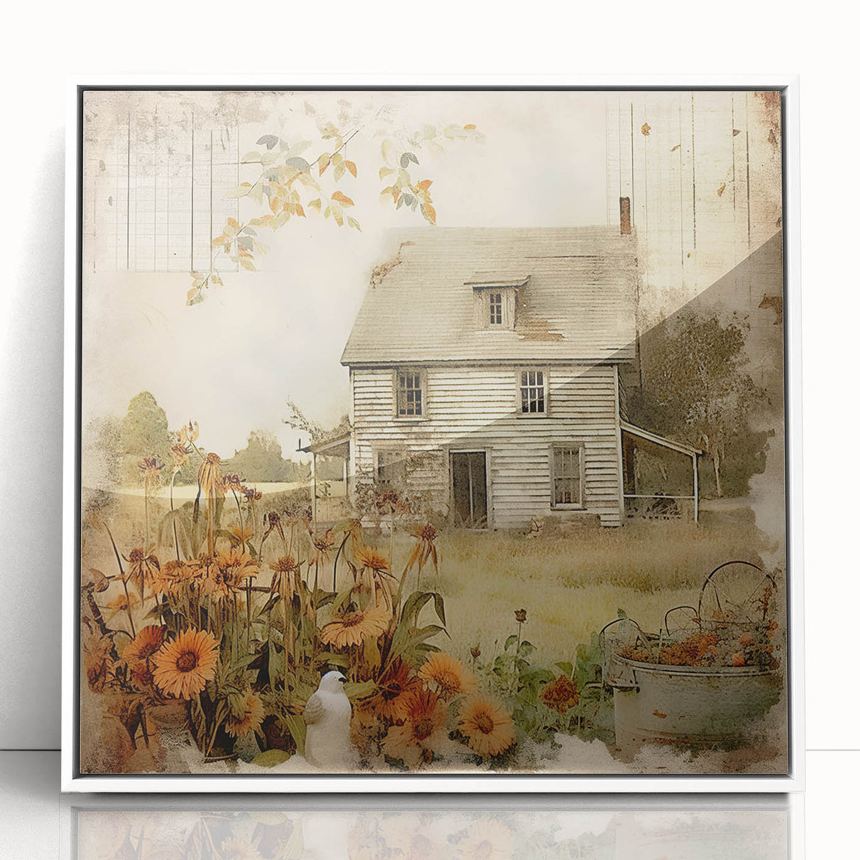 Vintage Farmhouse Prints with Sunflowers and Cottage - Rustic Wall Art