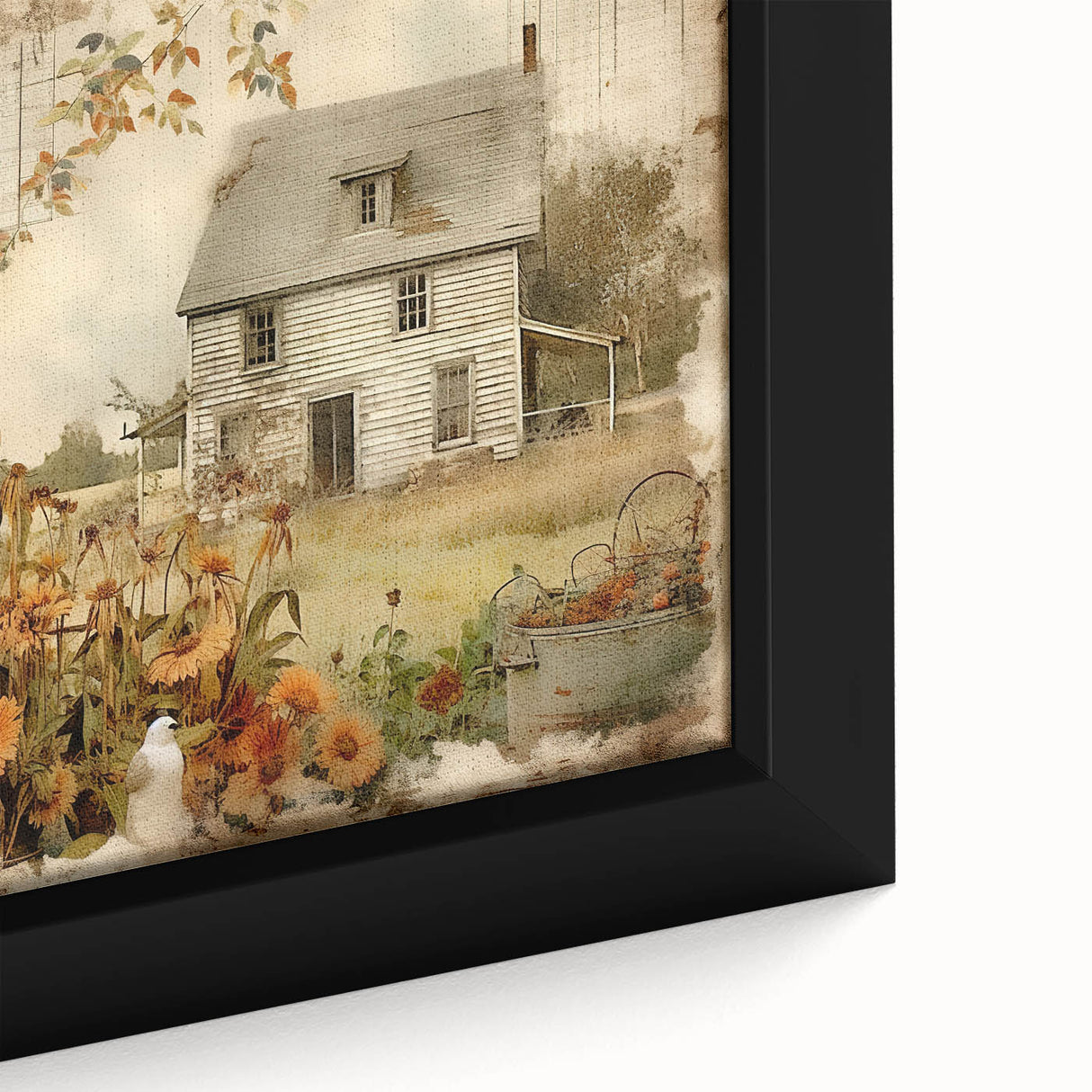 Vintage Farmhouse Prints with Sunflowers and Cottage - Rustic Wall Art