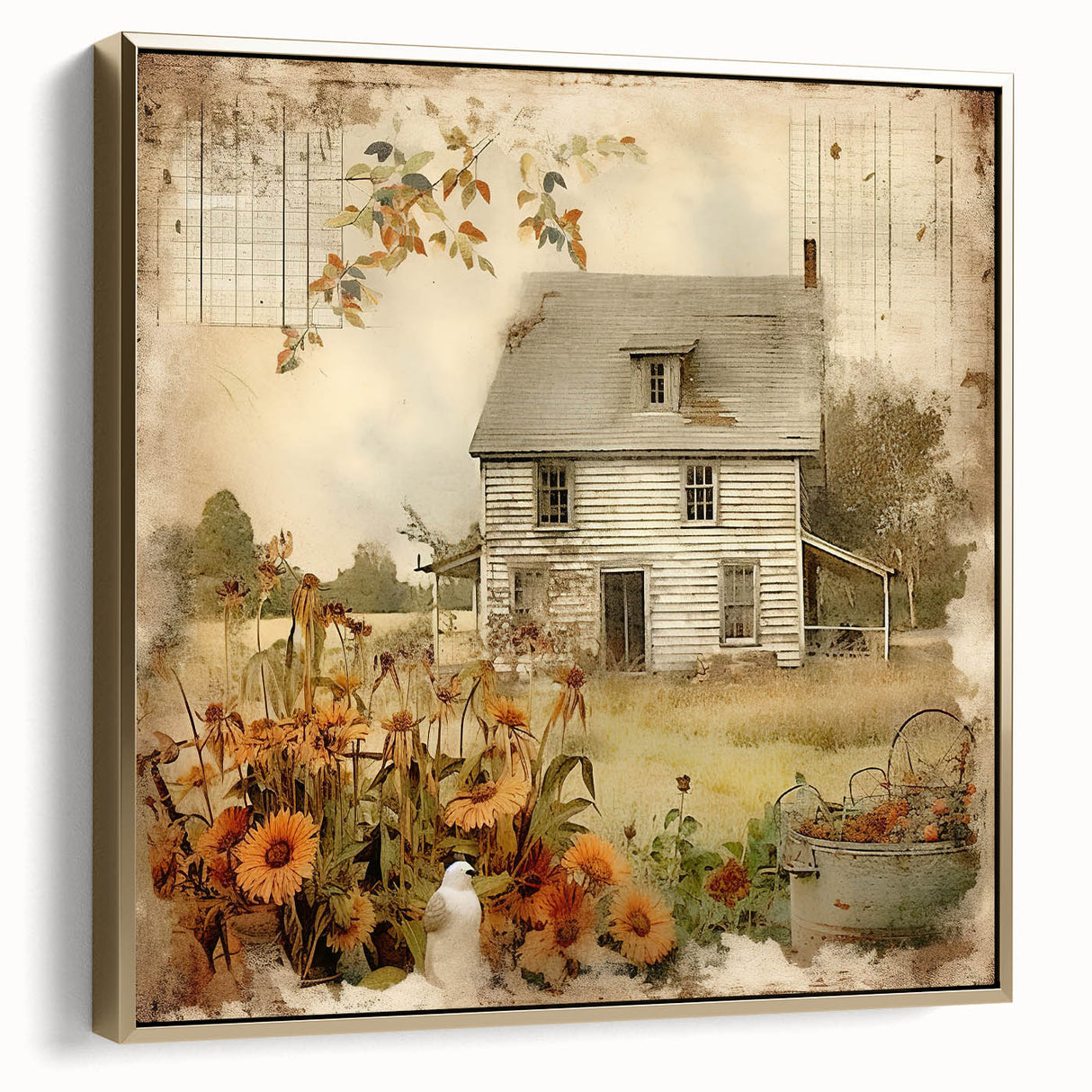 Vintage Farmhouse Prints with Sunflowers and Cottage - Rustic Wall Art