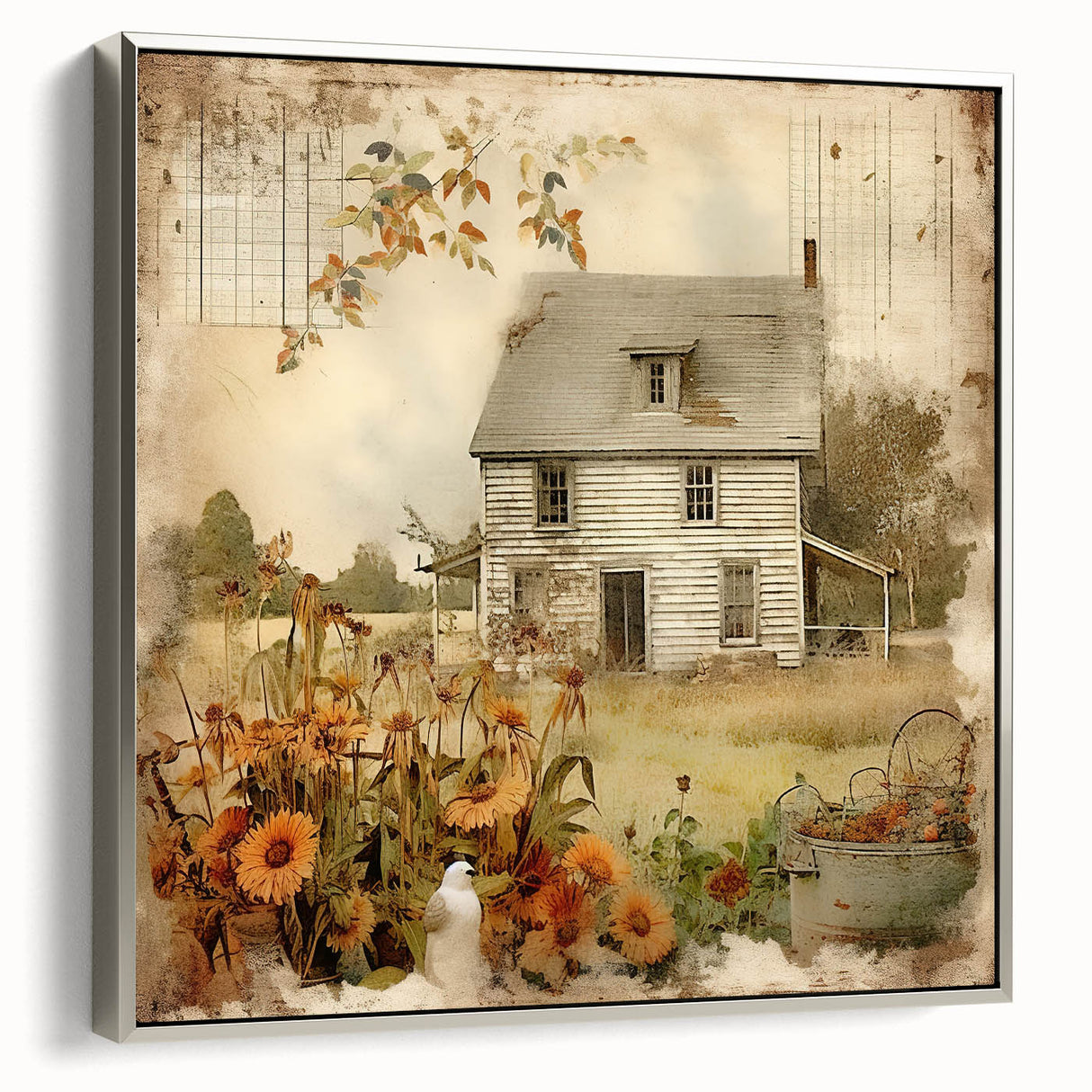 Vintage Farmhouse Prints with Sunflowers and Cottage - Rustic Wall Art