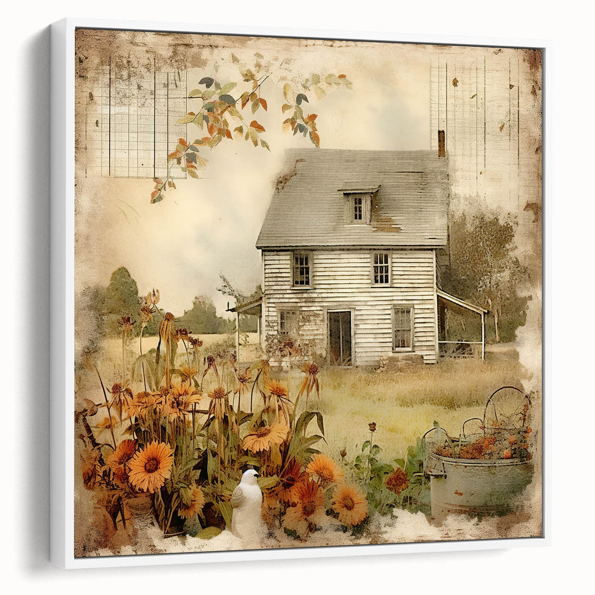 Vintage Farmhouse Prints with Sunflowers and Cottage - Rustic Wall Art