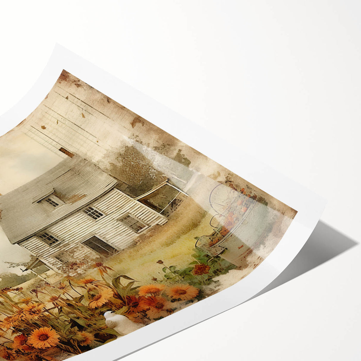 Vintage Farmhouse Prints with Sunflowers and Cottage - Rustic Wall Art