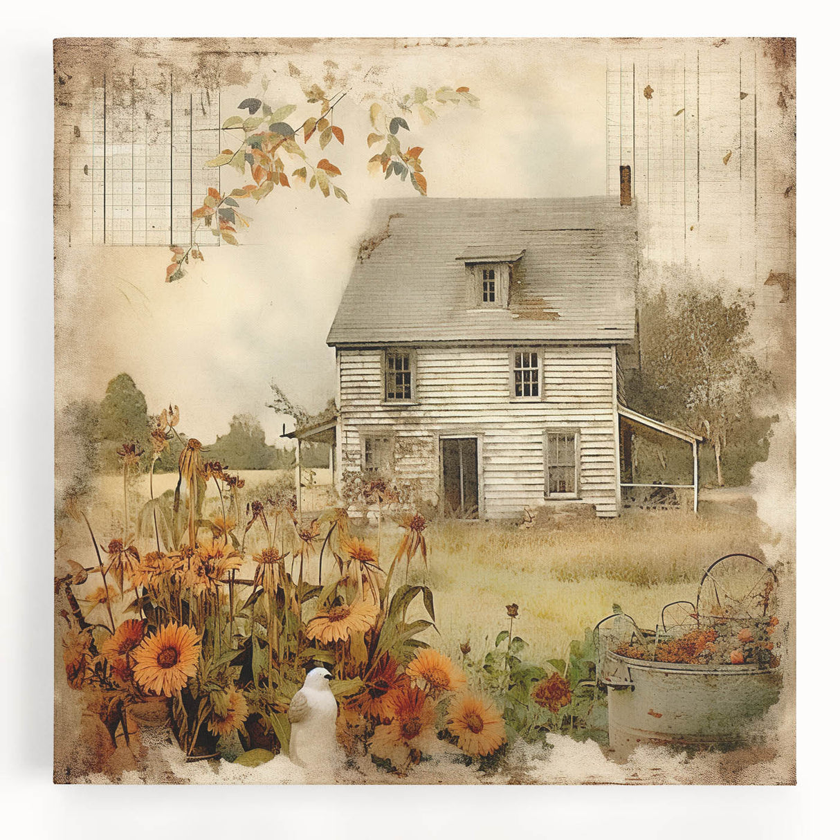 Vintage Farmhouse Prints with Sunflowers and Cottage - Rustic Wall Art
