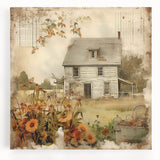 Vintage Farmhouse Prints with Sunflowers and Cottage - Rustic Wall Art