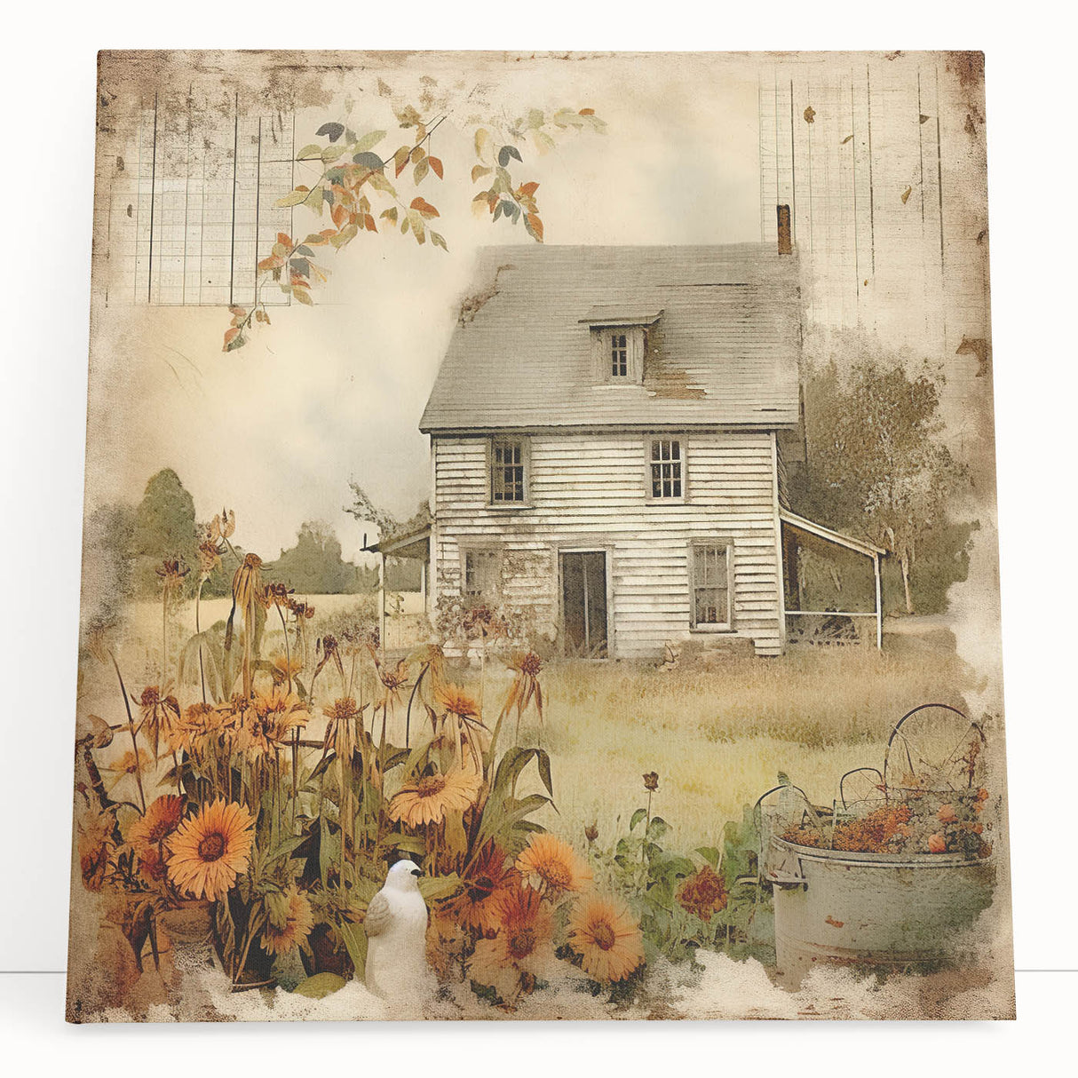 Vintage Farmhouse Prints with Sunflowers and Cottage - Rustic Wall Art