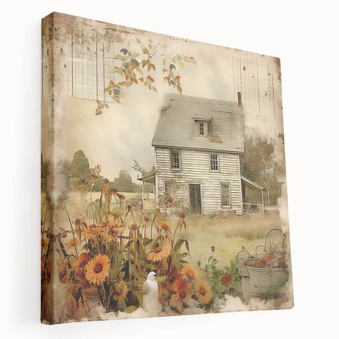 Vintage Farmhouse Prints with Sunflowers and Cottage - Rustic Wall Art