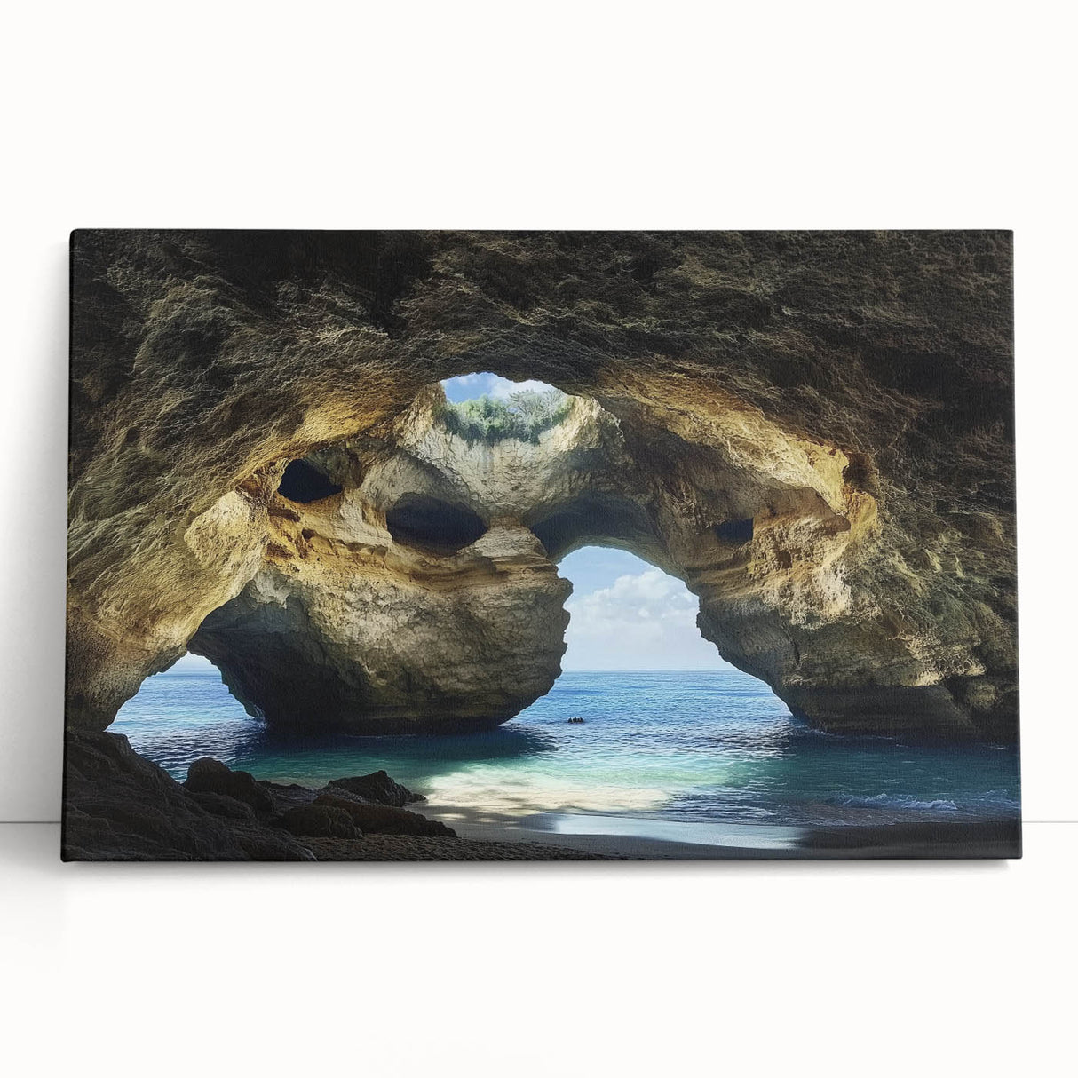 Stretched canvas artwork depicting an abstract landscape with cave-like formations, featuring earthy tones and smooth textures, ideal for modern home decor.
